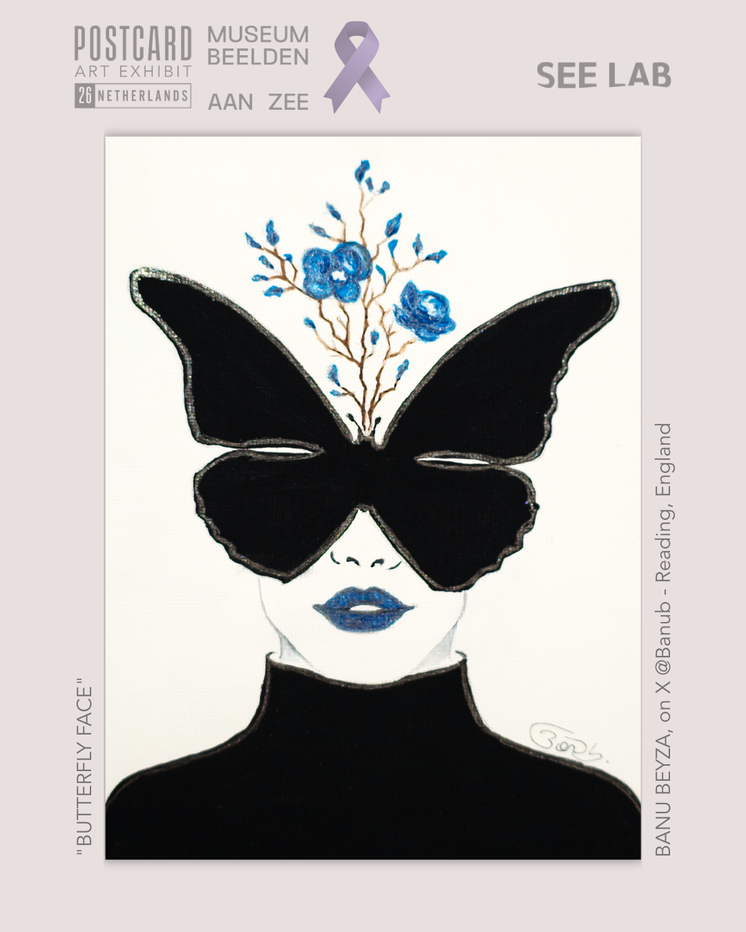 Banu Beyza, Acrylic Mixed Media -  "Butterfly Face" - Reading, England - Postcard Art Exhibit 2026 Supporting Alzheimer’s