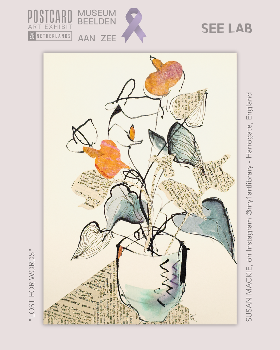 Susan Mackie, Mixed Media Collage - "Lost for Words" - Harrogate, England - Postcard Art Exhibit 2026 Supporting Alzheimer’s