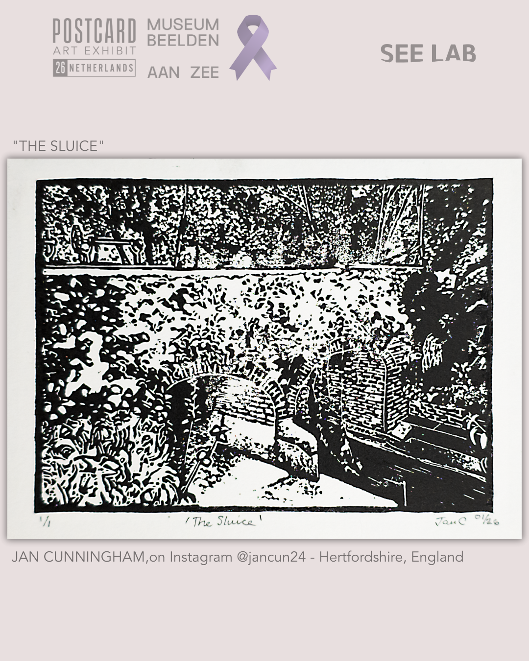 Jan Cunningham, Printmaking - Monoprint / Monotype -  "The Sluice" - Hertfordshire, England - Postcard Art Exhibit 2026