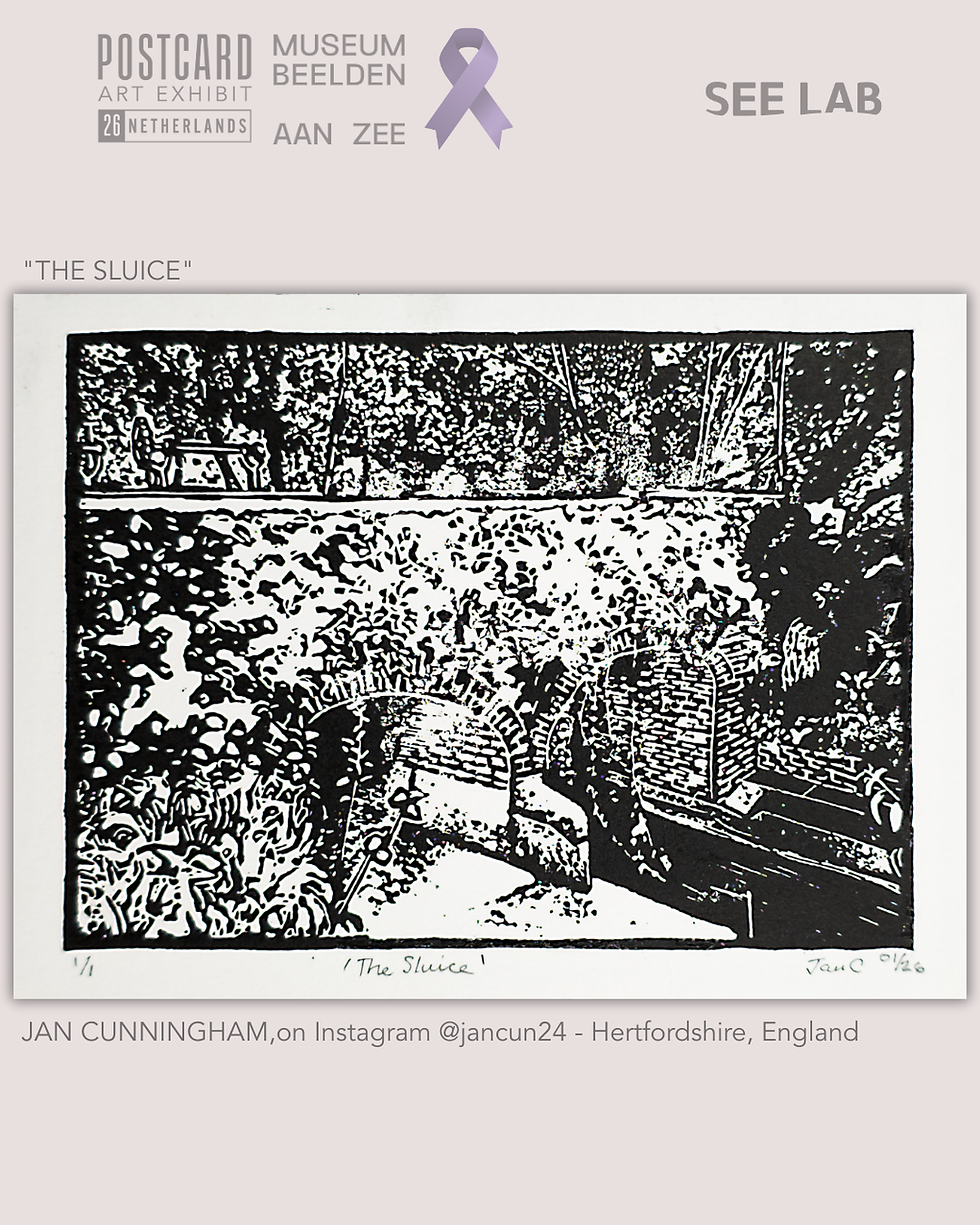 Jan Cunningham, Printmaking - Monoprint / Monotype -  "The Sluice" - Hertfordshire, England - Postcard Art Exhibit 2026