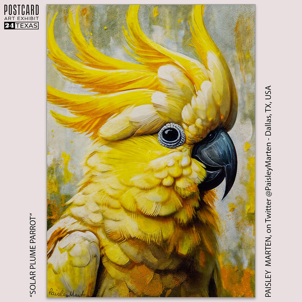 Thumbnail: Paisley Marten, Acrylic - "Solar Plume Parrot" - Dallas, TX, USA - Postcard Art Exhibit 2024