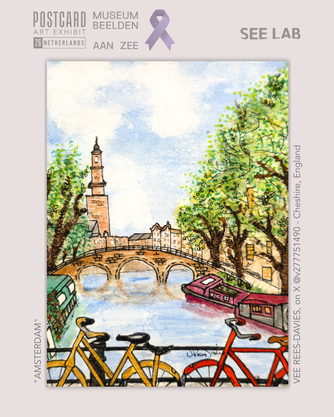 Vee Rees-Davies, Watercolor Mixed Media - "Amsterdam" - Cheshire, England - Postcard Art Exhibit 2026 Supporting Alzheimer’s