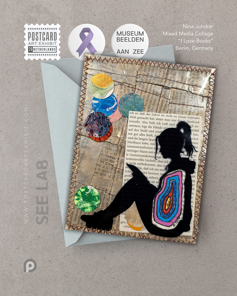 Nina Juncker, Mixed Media Collage - "I Love Books" - Berlin, Germany - Postcard Art Exhibit 2026 Supporting Alzheimer’s