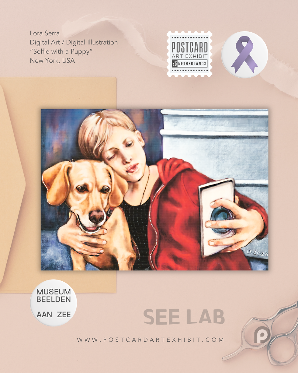 Thumbnail: Lora Serra, "Selfie with a Puppy" - Postcard Art
