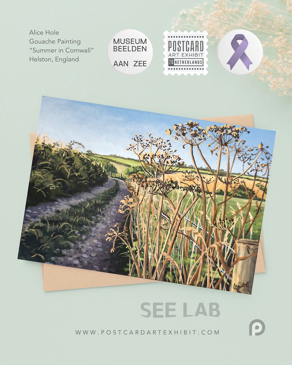 Alice Hole, Gouache Painting - "Summer in Cornwall" - Helston, England - Postcard Art Exhibit 2026 Supporting Alzheimer’s