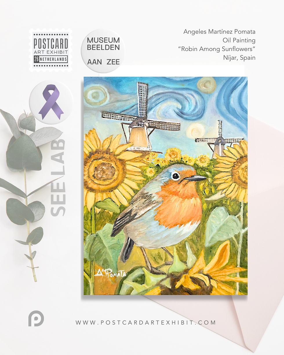 Thumbnail: Angeles Martínez Pomata, "Robin Among Sunflowers" - Postcard Art