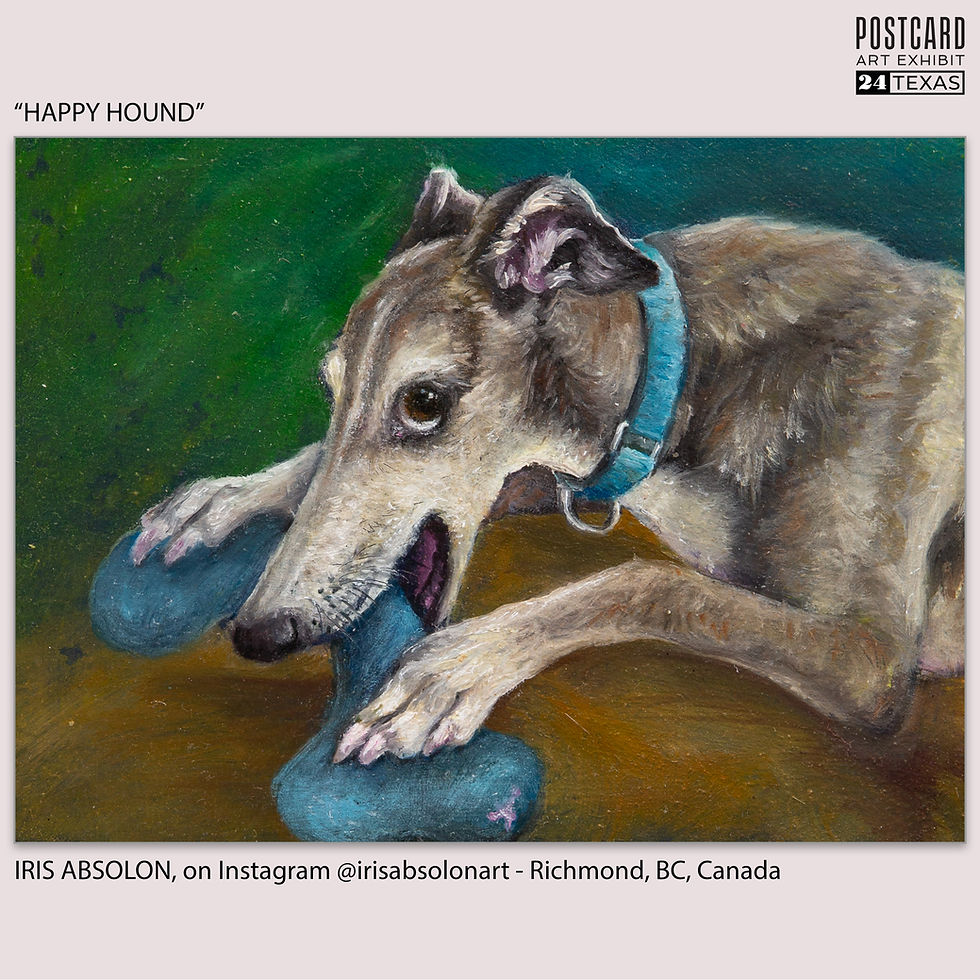 Thumbnail: Iris Absolon, Oil - "Happy Hound" - Richmond, BC, Canada - Postcard Art Exhibit 2024