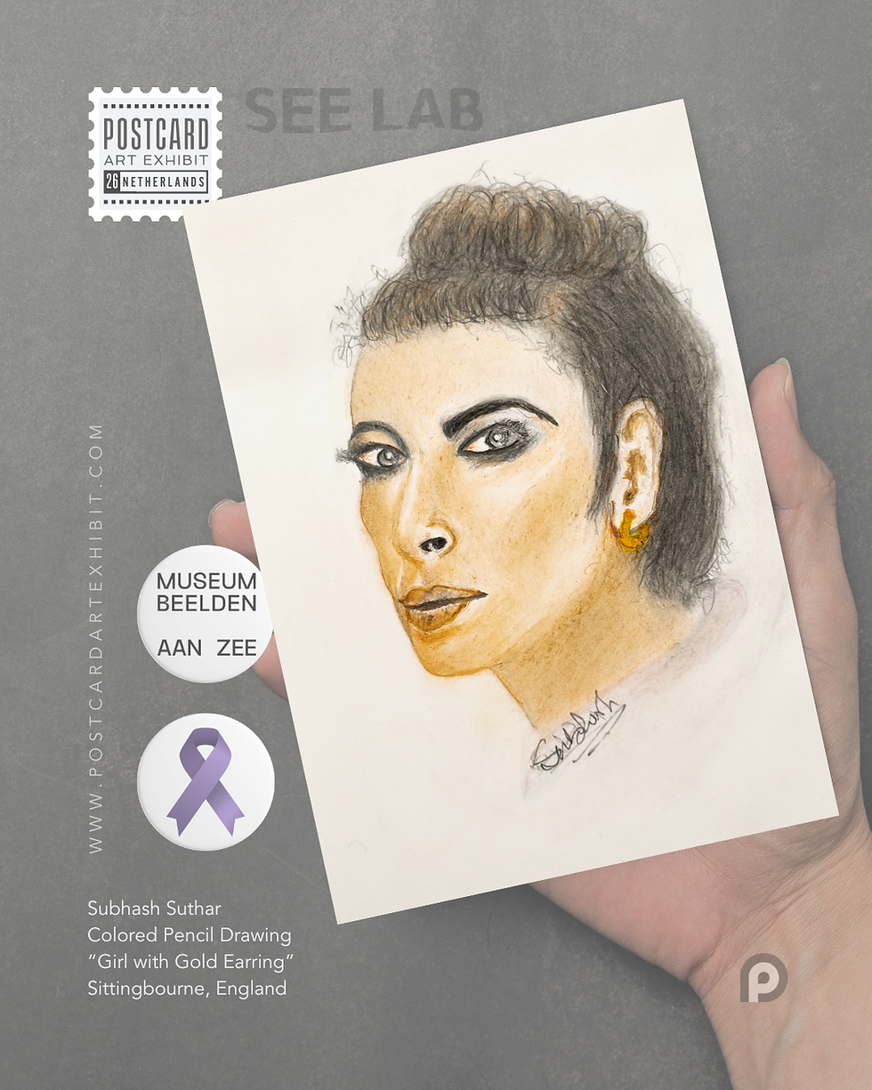 Subhash Suthar, Colored Pencil Drawing - "Girl with Gold Earring" - Sittingbourne, England - Postcard Art Exhibit 2026