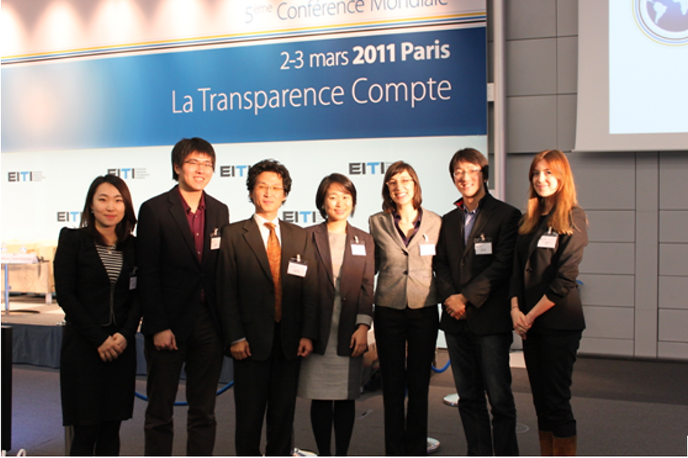 On March 2-3, 2012, the Clinic attended Extractive Industry Transparency International's annual conference held in Paris, France, and met with the US leader Isabell Munilla to learn about the legislative advocacy efforts for the Dodd and Frank Act. From viewer's left: Jayoung YOON, Takgon LEE, Professor KS Park, Wooyeun KIM, Isabell Munilla (Publish What You Pay US), Eunsoo LEE, and a PWYP staffer.