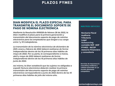 NUEVOS PLAZOS DE TRASMISION NÓMINA ELECTRONICA PARA PYMES DE 1 A 10 EMPLEADOS