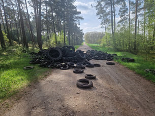 Ein Haufen Altreifen auf einer Straße im Wald.