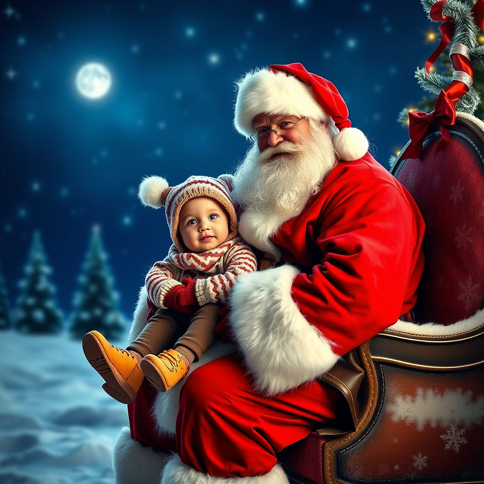 Santa at the North Pole with child on his lap
