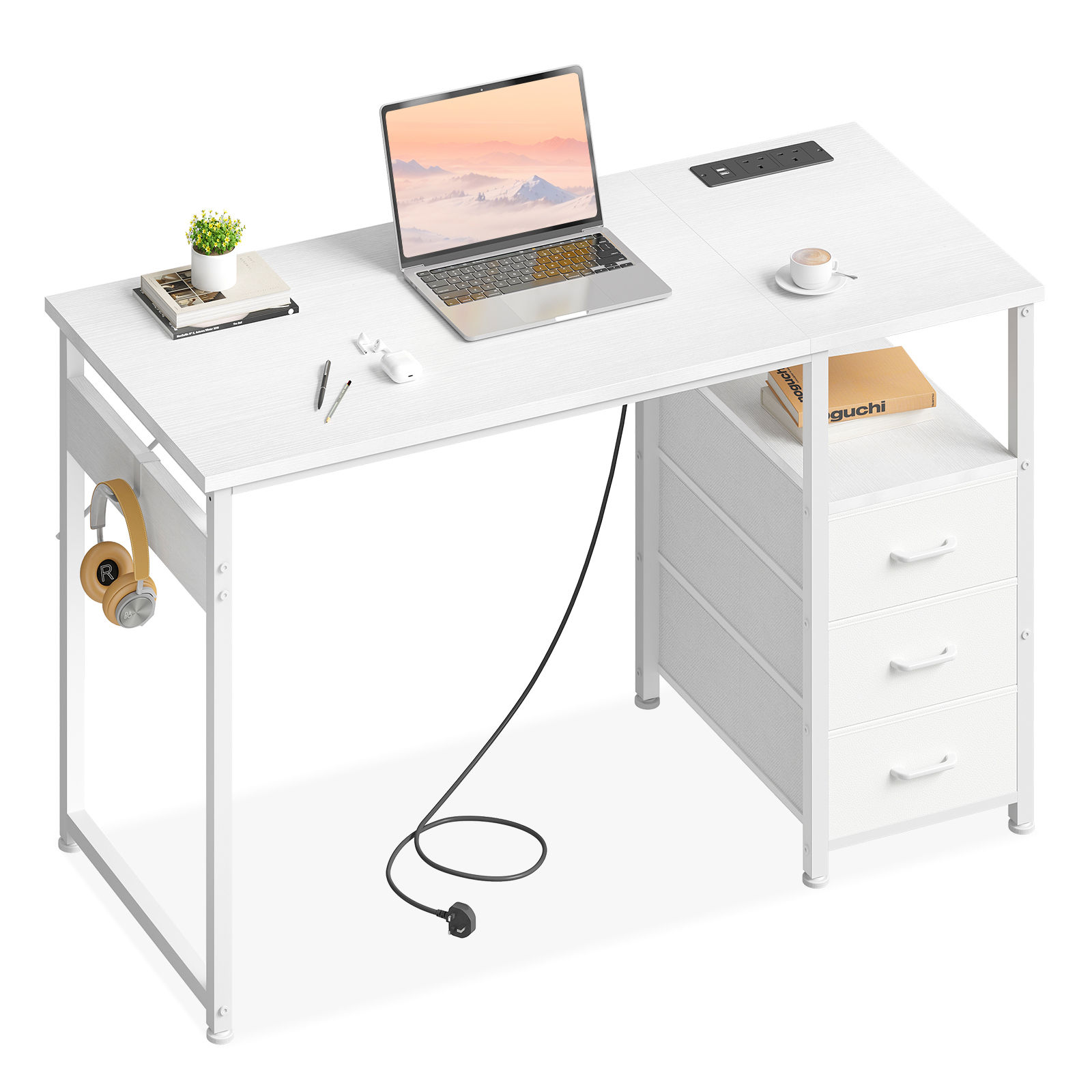Coleshome 100cm Office Desk with Drawers, Computer Desk with 2 Sockets & USB Por