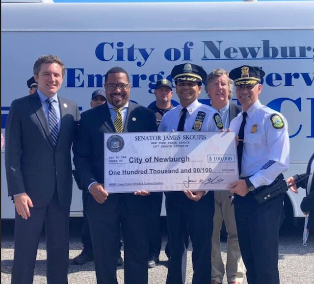 State Senator James Skoufis, Mayor Harvey, Commissioner Gomerz, Councilman Sklarz (back) and Police Chief Geraci