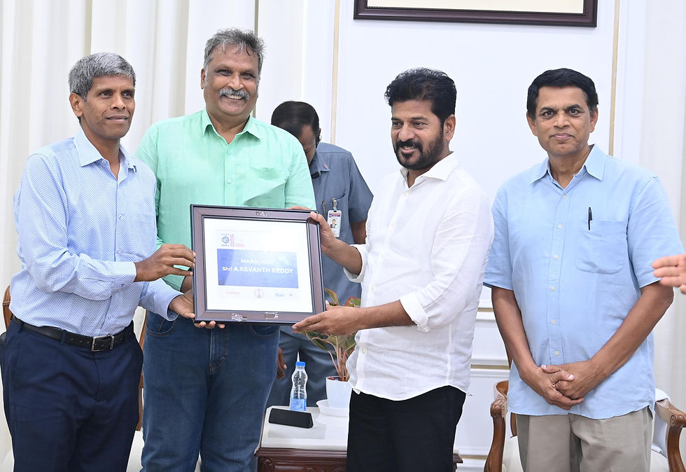 Chief Minister Revanth Reddy garu seen in a meet to announce the World Athletics lable for Hyderabad Marathon. Also seen are Stanley Jones_Rajesh Vetcha and Ram Katikaneni