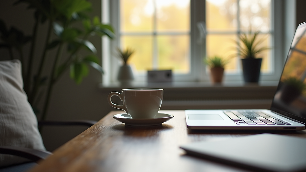 Eye-level view of a cozy home office setup with a laptop and a cup of tea