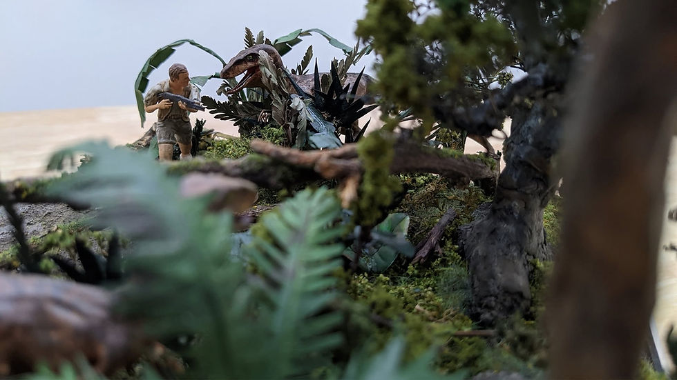 Robert Muldoon figurine hunting a Velociraptor in a jungle.