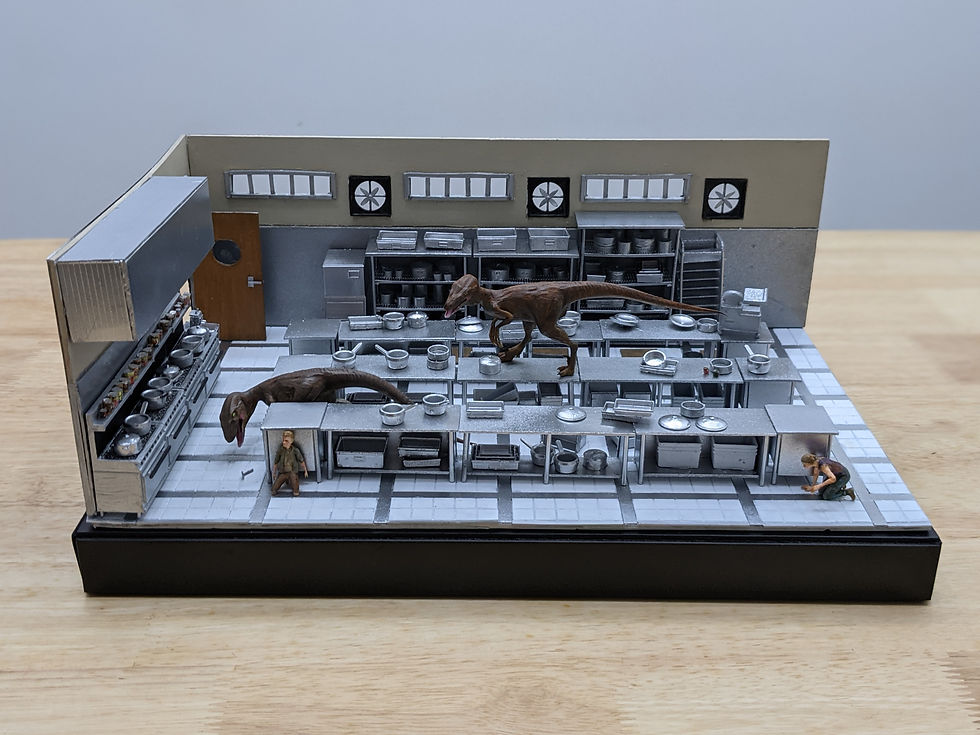Diorama of raptors in the kitchen with people hiding.