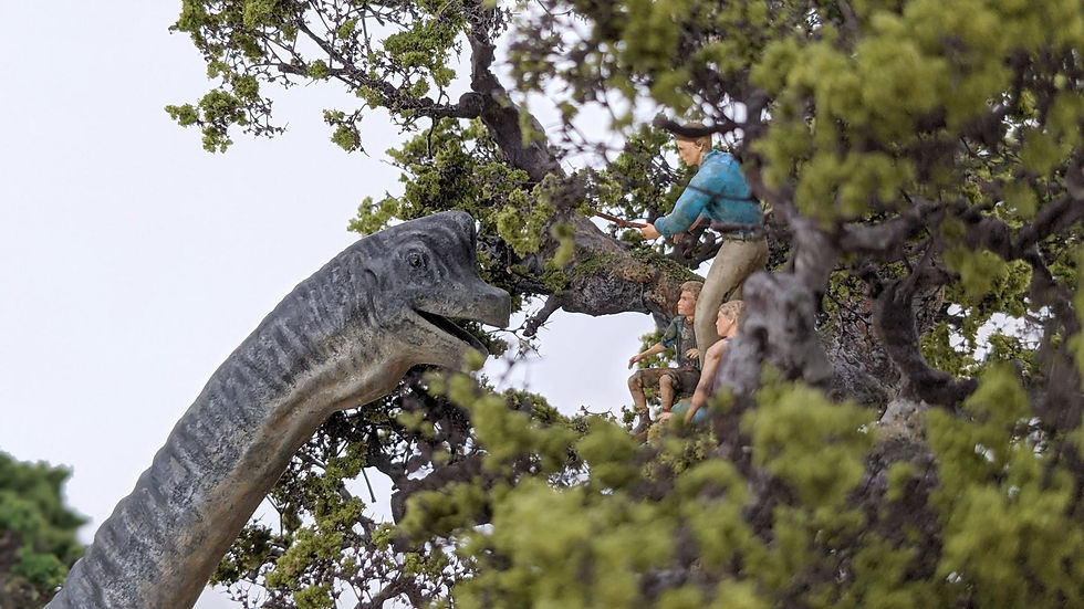 Brachiosaurus encounter with figures in a tree canopy