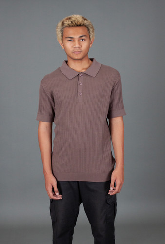 Cocoa Brown Textured Knit Polo Shirt Eighty Eight Brand