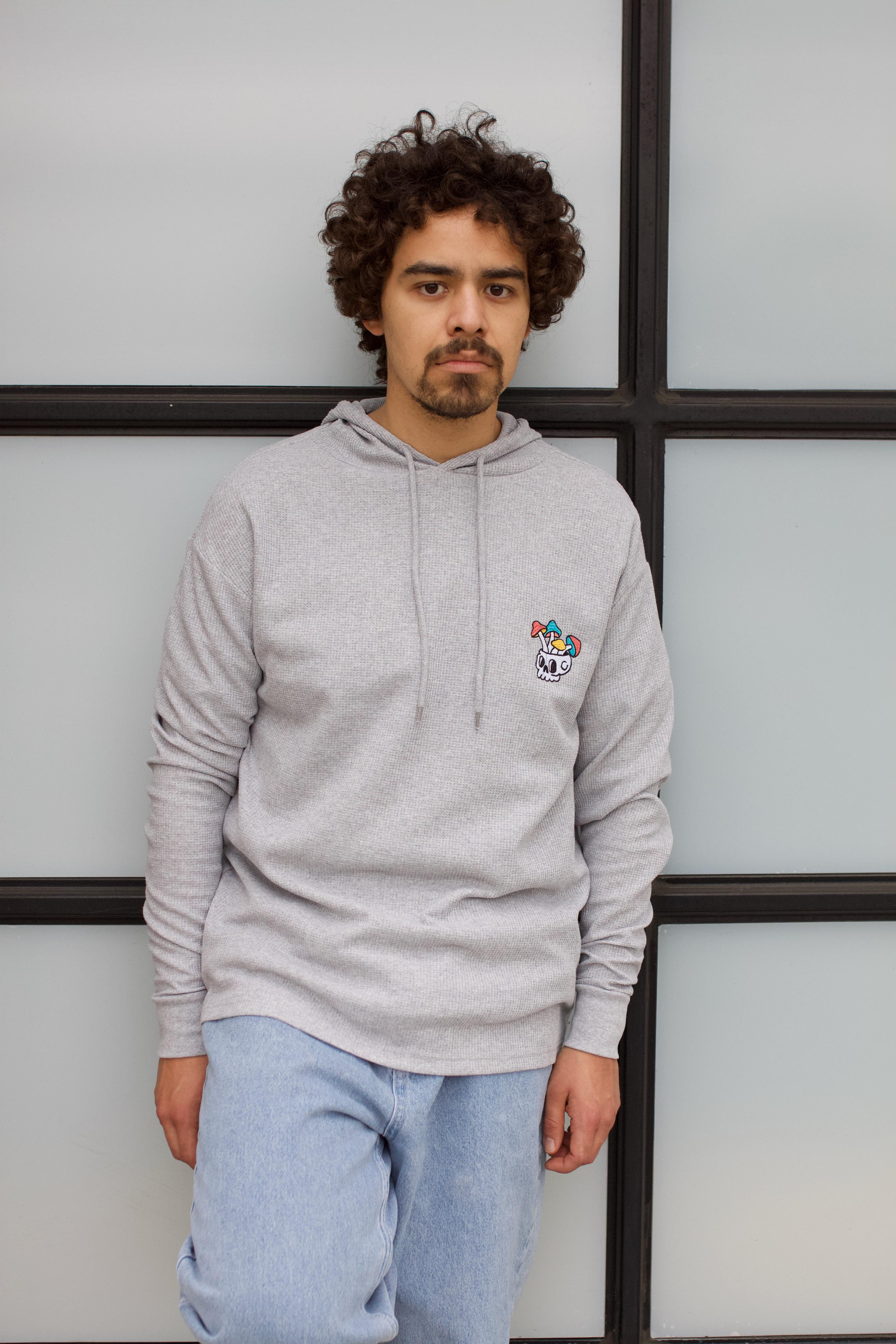 Heather Gray "Skeleton Mushroom" Thermal Hooded Long-Sleeve Shirt