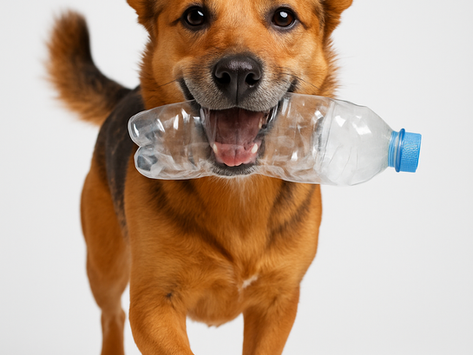 Dog carries a plastic bottle