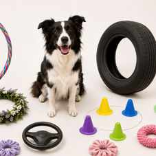 Dog is sittign surrounded by different rings and hoops