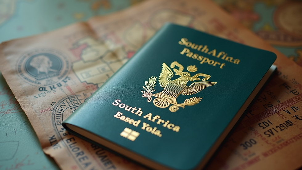 Close-up view of a South African passport with visa stamps