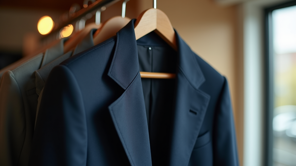 Eye-level view of a tailored Italian blazer on a wooden hanger