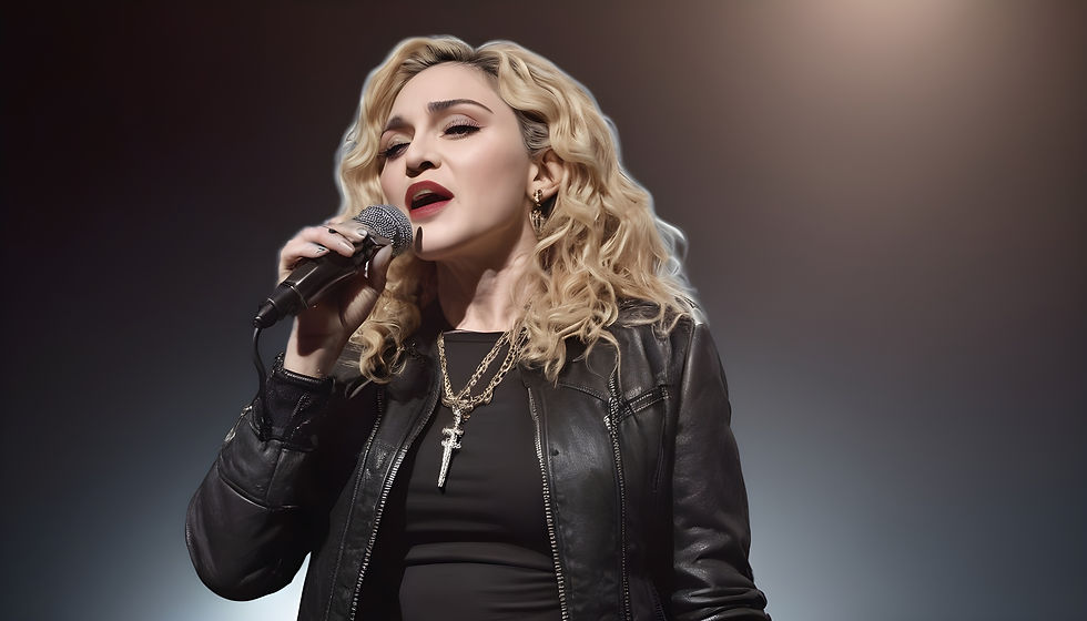 An Ai generated photo of Madonna performing on stage with a mic in hand