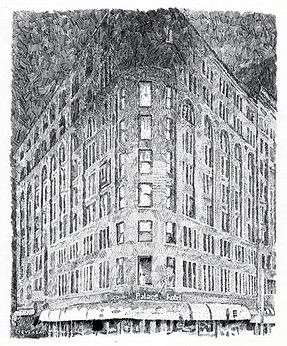 Black and white, pen and ink, Brown Palace Hotel, Downtown Denver Colorado