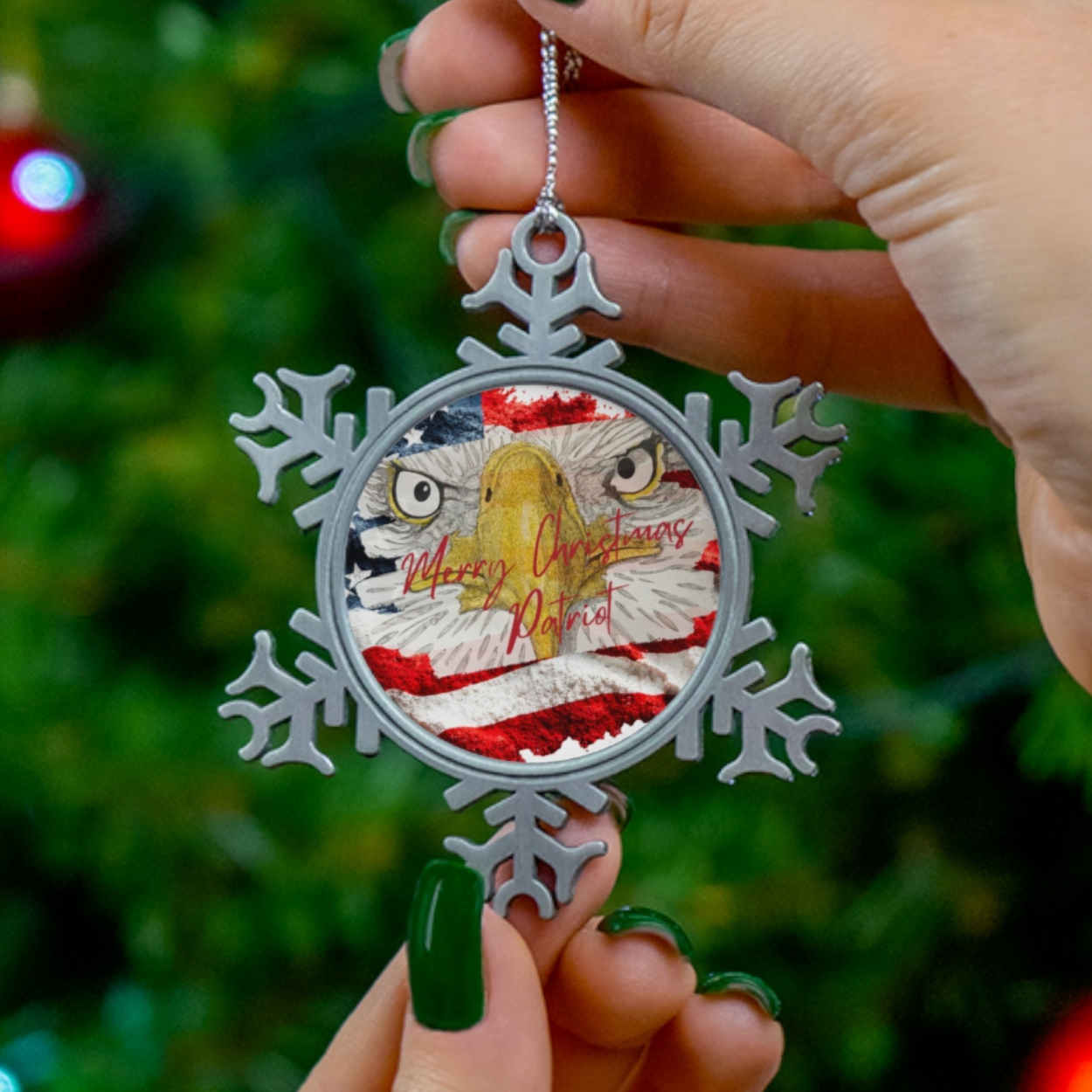 Pewter "Merry Christmas Patriot" Red Text
