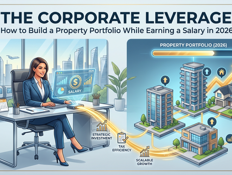 Infographic titled The Corporate Leverage shows a woman in an office building building a 2026 property portfolio from salary to homes.