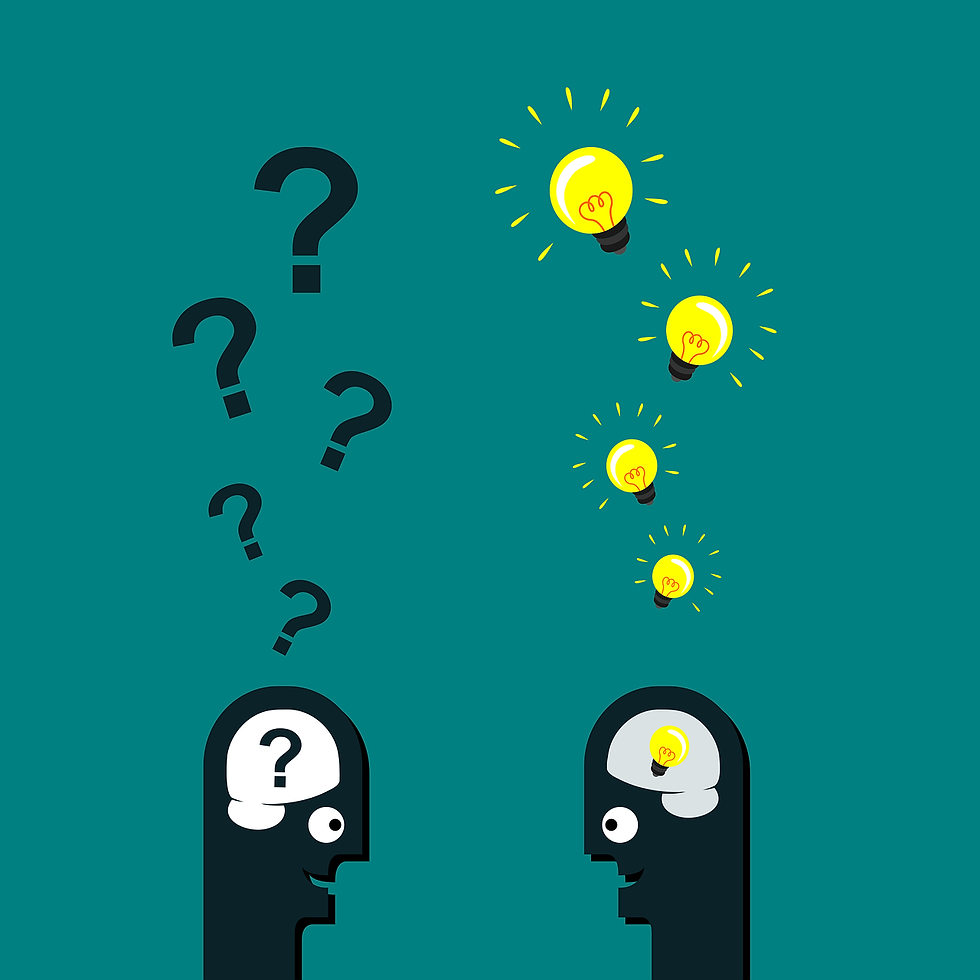 Two cartoon profiles on teal backdrop: left with question marks rising, right with glowing light bulbs symbolizing ideas.