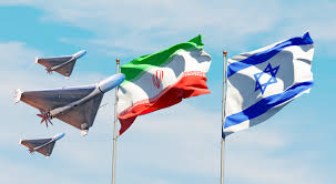 Drones fly past Iranian and Israeli flags against a blue sky, highlighting tension. The Iranian flag features green, white, red; Israeli, blue and white.