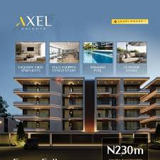 Modern apartment building at sunset with four images showing interior, pool, and lounge. Text: "AXEL Heights," "N230m."