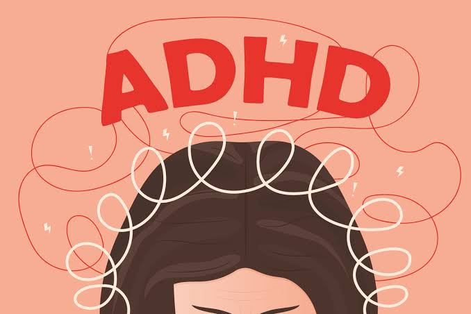 Illustration of a woman's head with red ADHD text above and looping squiggles on a peach background, suggesting mental overload.