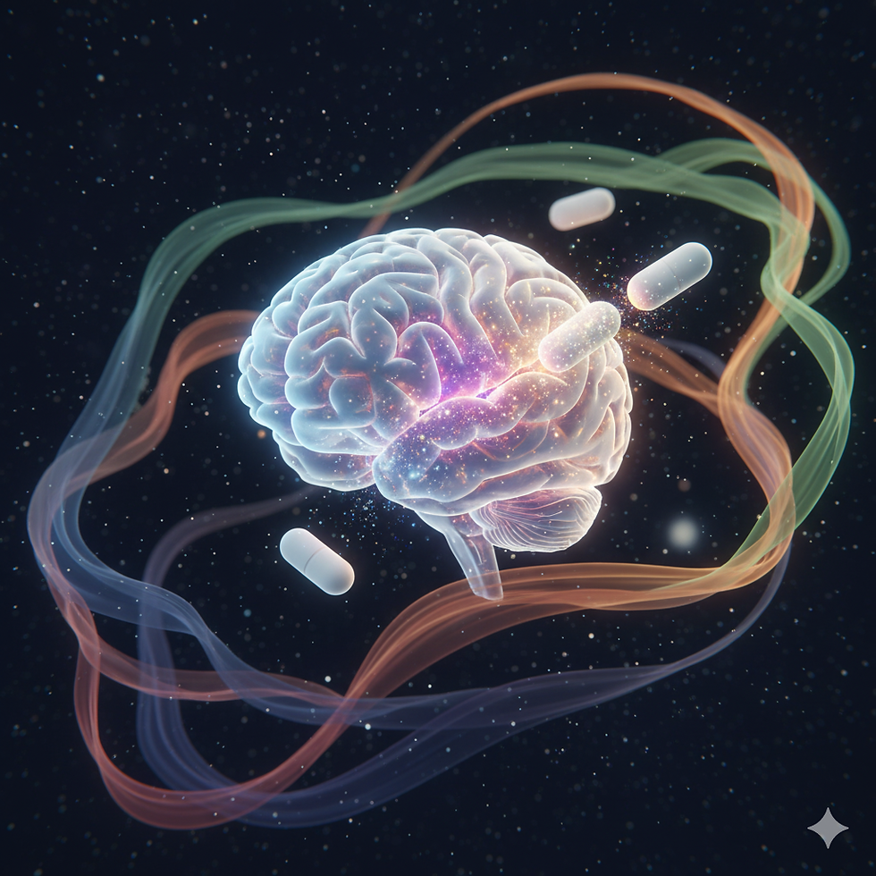 Glowing brain with swirling colorful ribbons and floating capsules against a starry dark background, illustrating the use of antidepresants