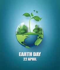 A globe with plants and a city on top, butterflies above. Text: Earth Day, 22 April. Blue background, conveying an eco-friendly theme.