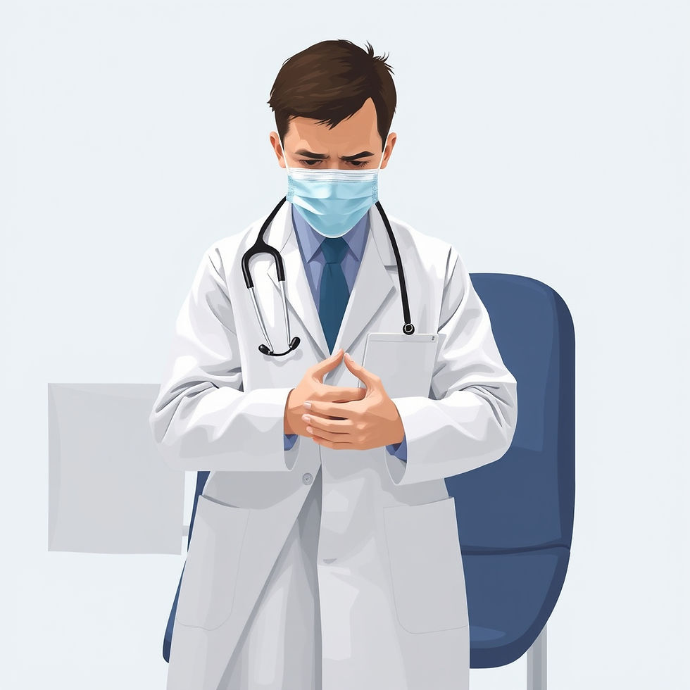 Doctor in a white coat and mask stands thoughtfully, hands clasped.