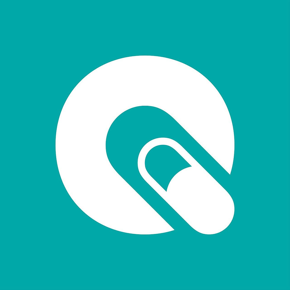 White abstract design on teal background resembling a capsule within a circle. Illustrating meds management