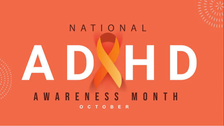 Orange poster reading National ADHD Awareness Month October with a ribbon-shaped A on a bright coral background.