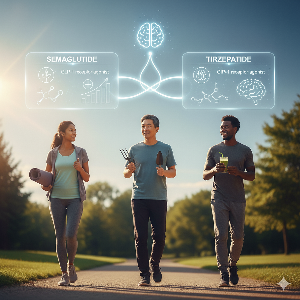 Three people walk in a park, holding gardening tools and a drink. Digital text overlays show "Semaglutide" and "Tirzepatide" with icons.