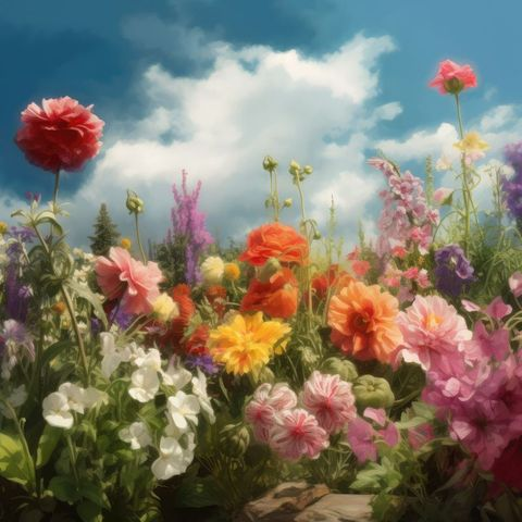 Vibrant flowers in various colors bloom under a bright blue sky with fluffy clouds. Illustrating spring in Bel Air, Maryland
