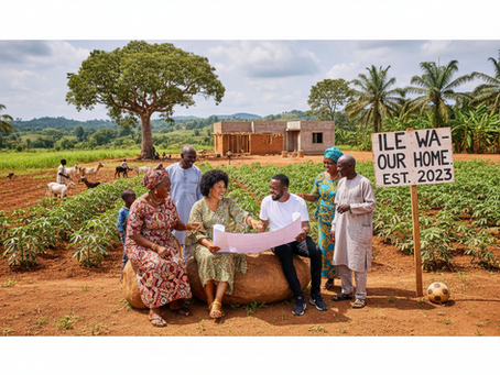 People sitting in a rural field, examining a plan. Sign reads "ILE WA - OUR HOME EST. 2023". Background of trees, goats, and a building.