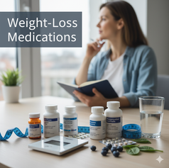 A woman with a notebook gazes out a window, surrounded by weight-loss medication bottles, a tablet, glass of water, and blueberries. Text: Weight-Loss Medications.