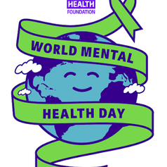 Mental Health Foundation World Mental Health Day graphic with smiling Earth and green ribbon, 10 Oct.