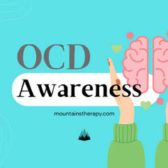 OCD Awareness graphic with hands holding a pink brain on a turquoise background, with mountainstherapy.com.