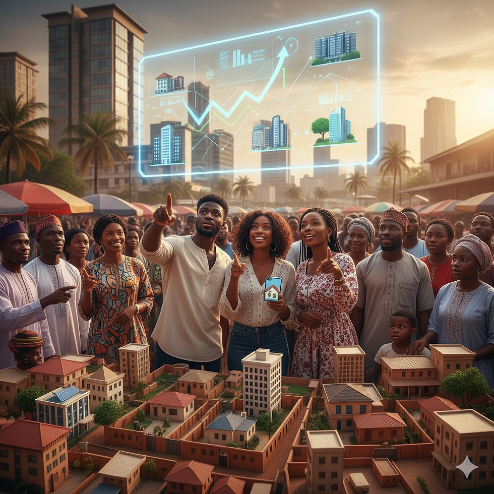 Crowd gathers around a model city, with futuristic digital graphs above. Illustrating Real Estate Trends.