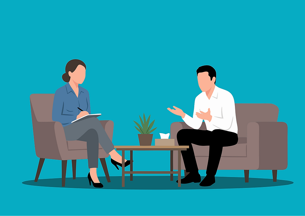 Illustration of a man and his therapist having a counseling-style conversation, with a table, plant, and tissues on a teal background.